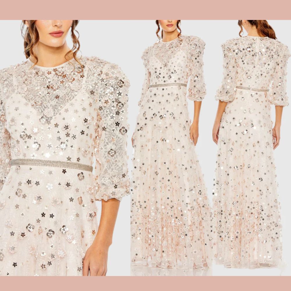 NWT Mac Duggal [ 4 ] 93805 Floral Applique Puff Sleeve High Neck Alin Gown Blush